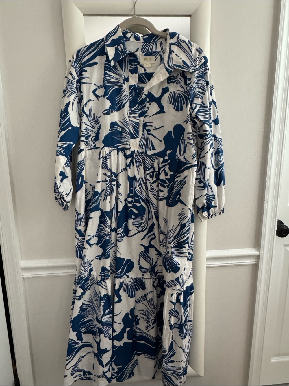 Maeve Blue and White Floral Midi Shirt Dress